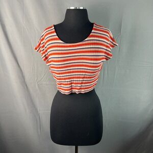 Volcom Crop Top Womens Small Multi Striped Ribbed Stretch Scoop Neck Pullover